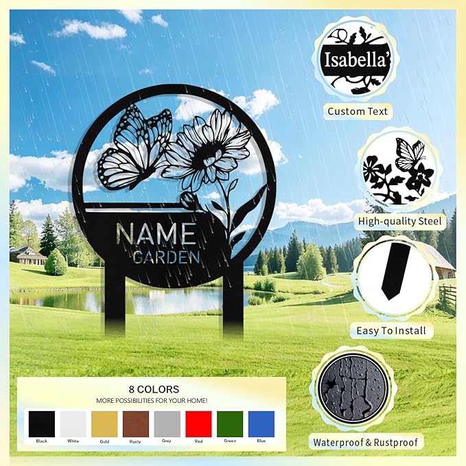 Custom Metal Garden Sign with Stake, Personalized Butterfly Flower Garden Signs for Outside, Customized Garden Name Signs for Yard Lawn Outdoor Decor Gardening Gifts for Moms Grandmas Gardeners