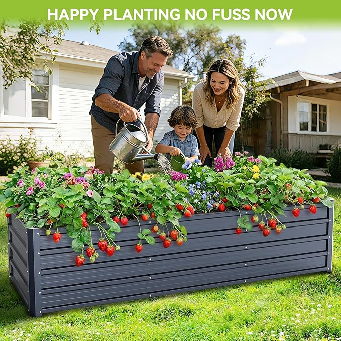 Ohuhu Metal Raised Garden Bed Outdoor 8x3x1.5 FT Reinforced Galvanized Rustproof Colored Steel Planter Boxes for Vegetables, Heavy Duty Raised Beds for Growing Flowers Herbs Succulents 2-Pack