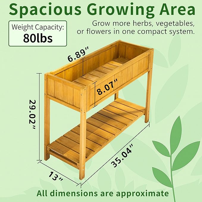 Premium Fir Wooden Raised Garden Bed with Four Legs for Backyard and Balcony Gardening,Suitable for Indoor and Outdoor use,Bottom with Storage Rack,35.04''×13''×29.92''