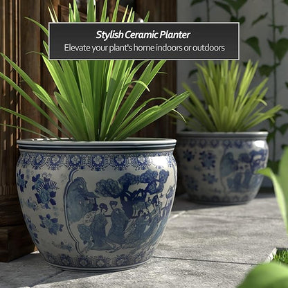 Red Lantern Large 20" Ladies Blue & White Porcelain Fishbowl Planter or Cachepot for Indoor/Outdoor Use in Garden Entryway Living Room Boho Eclectic Modern Contemporary Classic Traditional Style Decor