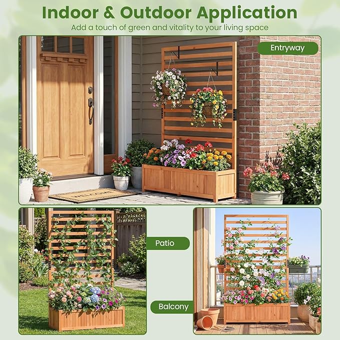 HAPPYGRILL Raised Garden Bed with Trellis, 59" Tall Wooden Elevated Planter Box w/Liner, Drainage, Detachable Base Panel for Climbing Plant Vine Flower, Outdoor Planter w/Trellis for Patio (1)
