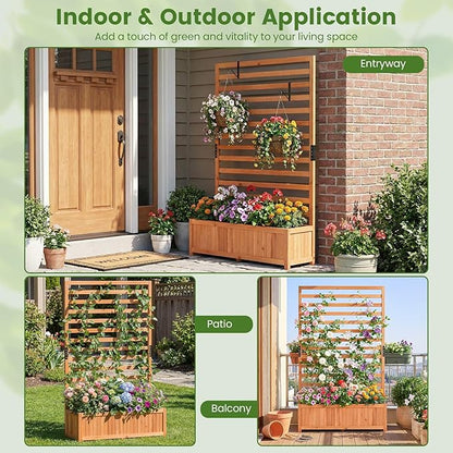 HAPPYGRILL Raised Garden Bed with Trellis, 59" Tall Wooden Elevated Planter Box w/Liner, Drainage, Detachable Base Panel for Climbing Plant Vine Flower, Outdoor Planter w/Trellis for Patio (1)