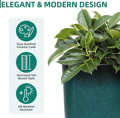 24" Tall Planters Set of 2, High-Density PP Ceramic-Look Outdoor Pots for Plants, Versatile Indoor/Outdoor Flower Pots w/Drainage Hole for Patio Garden Porch & Living Room Decor, Ideal Gift