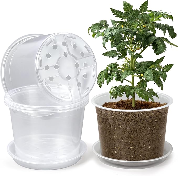 8 Inch Clear Nursery Pots with Drainage and Saucer, 5 Pack Large Plastic Pots for Plant, Seedling Starter Pot, Garden Pots for Succulents Flower Vegetables Herb