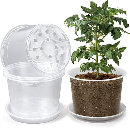 8 Inch Clear Nursery Pots with Drainage and Saucer, 5 Pack Large Plastic Pots for Plant, Seedling Starter Pot, Garden Pots for Succulents Flower Vegetables Herb