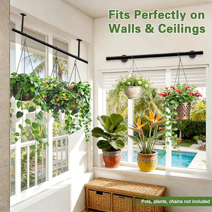 Plant Hanging Rod, 31 Inch Plant Hanger Indoor for Window Ceiling, Heavy Duty Hanging Planters for Indoor Plants, Black Wall Plants Holder, Window Plants Shelves Pot/Chain/Plant Not Included