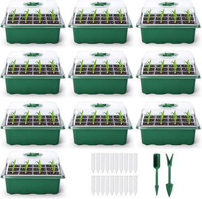 Delxo 10-Pack Seed Starter Kit Seedling Starter Tray (12 Cells) Humidity Adjustable Plant Germination Kit Garden Seed Starting Tray with Dome and Green Base Plus Plant Tags Hand Tool Kit