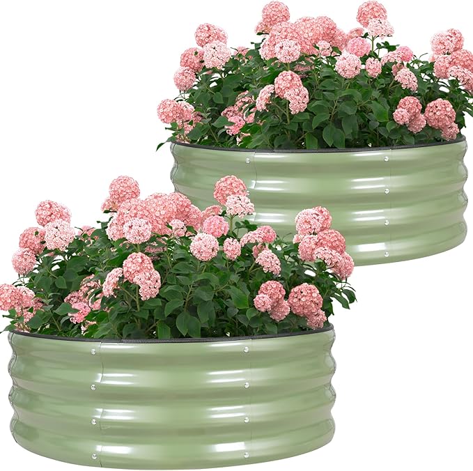 Galvanized Raised Garden Bed- 2Pcs 3x3x1FT Metal Planter Boxes Outdoor | Round Steel Raised Bed Kit & Fire Pit Ring for Gardening with Protective Tape, Gloves for Vegetables, Flower (Green)