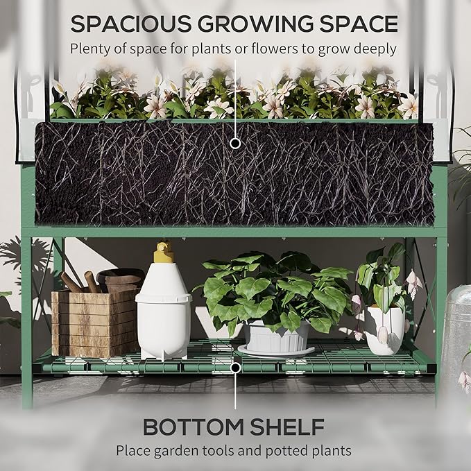 Outsunny Raised Garden Bed with Cover and Storage Shelf, Rectangular Metal Elevated Planter Box with Legs and Bed Liner for Vegetables, Flowers, Herbs, Green
