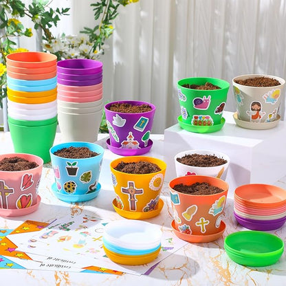 Domensi 30 Set Flower Pot Craft for Kids Bulk Spring Craft 4 Inch Garden Plastic DIY Plant Pot with Tray 30 Sheet Christian Sticker and 30 Certificates Card for Classroom School Mother's Day(Colorful)