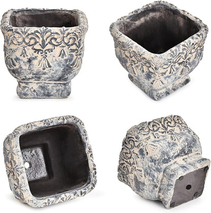 Sungmor 6.5 Inch Cement Plant Pot for Plants, Succulent Planter with Embossed Design, Vintage Concrete Flowerpots with Drainage Hole, Decorative Orchid Houseplant Pot Indoor Outdoor Plant Container