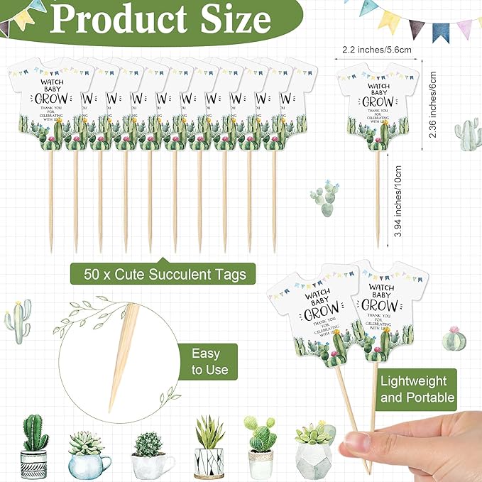 Newcotte Baby Shower Party Favors Succulent Tags Include 1 Piece Wooden Table Sign 50 Sets Succulent Plant Marker Succulent Favors Baby Shower Decoration(Cactus)