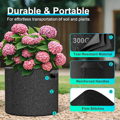 Land Guard 10-Pack Fabric Grow Bags 20 Gallon, Thickened Nonwoven Garden Pots, Growing Bags with Handles, Black