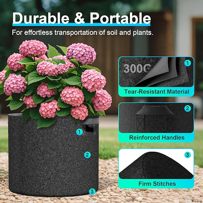 Land Guard 10-Pack Fabric Grow Bags 25 Gallon, Thickened Nonwoven Garden Pots, Growing Bags with Handles, Black