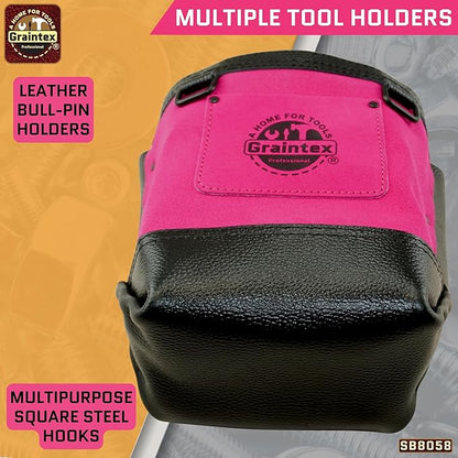 Graintex Nut & Bolt Bag, Pink Color Premium Quality Suede Leather Tool Bag, Tool Belt for Ironworker Tools, Bull Pin Loops, Ideal for Heavy-Duty Use, Bolt Bags for Construction Professionals - SB8058