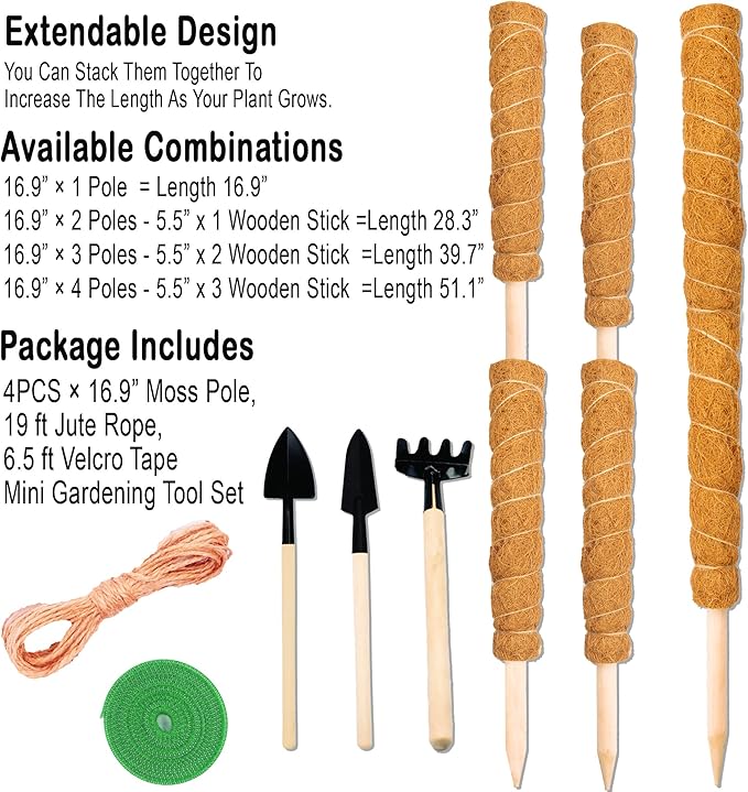 4 Pcs Moss Pole Extending to 51.1 Inches for Plants Monstera, Coco Coir Moss Sticks for Indoor Plants Support Stakes for Climbing Plants Grow Upward with Jute Rope, Tool Set and Hook-Loop Strip