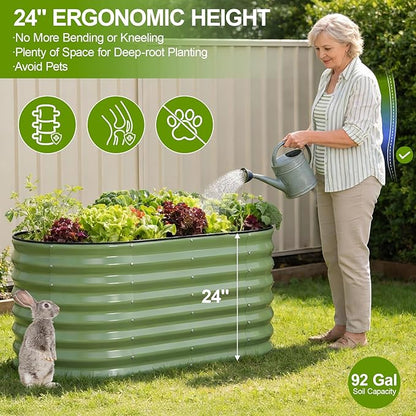 24" Tall Galvanized Raised Garden Bed Outdoor, 4x2x2ft Deep Metal Planter Box with Safety Edging & Support Bars, Large Oval Raised Beds for Gardening Plants Vegetables Herbs Flowers (Olive Green)