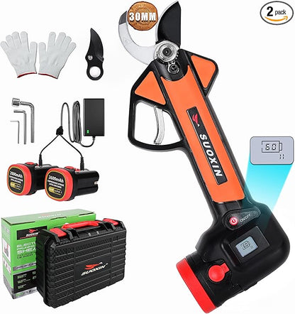Cordless Electric Pruning Shears with LCD Display, 16.8V Brushless Motor, 1.2" Adjustable Cutting Diameter, 2×2600mAh Rechargeable Batteries, SK5 Rust-Resistant Blade, Garden Tree Branch Cutter