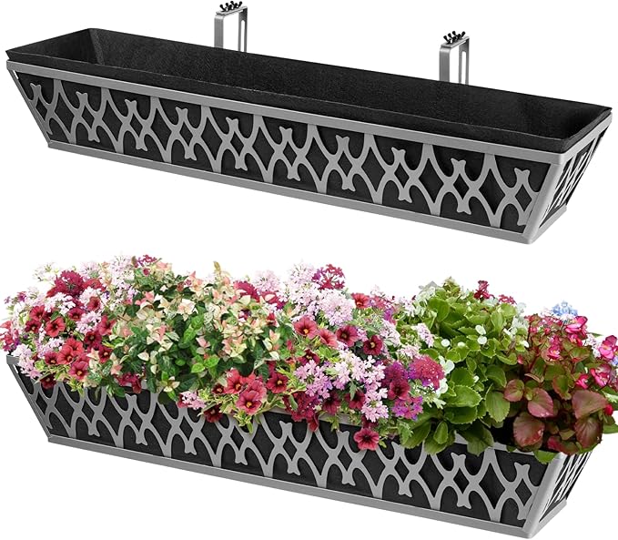 4 Pack 30 Inch Window Boxes Planters Railing Planter Box with Adjustable Brackets & Non-Woven Fabric Plant Grow Bags Deck Railing Planter Boxes Balcony Hanging Flower Box for Outdoor Plants
