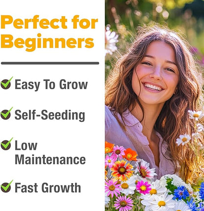 Home Grown Premium Wildflower Seeds Bulk - 60,600+ Perennial Flower Seeds Mix for Planting Outdoors - 24 Variety Wildflower Seed Mix - Attracts Bees, Butterflies & Birds - 2oz Wild Flower Seeds