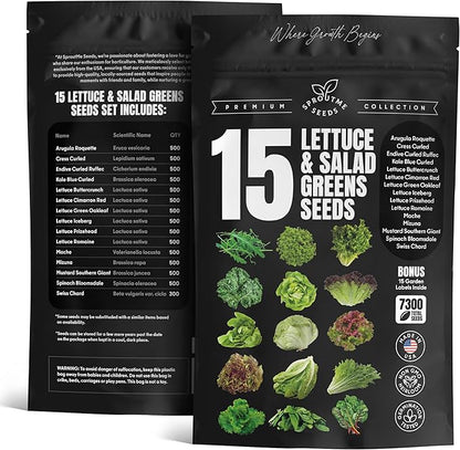 Lettuce & Salad Greens Seeds Variety Pack – Spinach, Kale, Arugula, Romaine & Iceberg Lettuce – 15 Varieties, 7300+ Non-GMO Heirloom Seeds, Indoor & Outdoor Growing