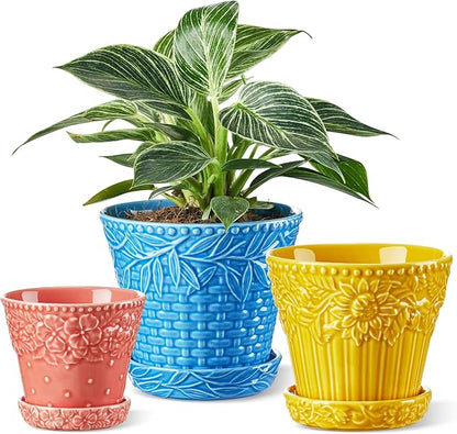 Ceramic Plant Pots, 3.8+4.9+5.8 Inch, Set of 3 Flower Pots with Drainage Hole & Saucer, Embossed Planter Pots for House Plants, Home Decor, Set of 4, Assorted Colors