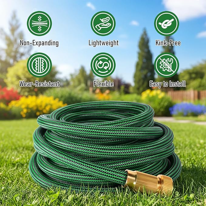 Garden Hose 100 ft NON-EXPANDABLE Water Hose, Flexible & Lightweight Kink Resistant Hybrid Hose, Leak-Proof Heavy Duty, Super Durable Fabric with 3/4" Solid Brass Connectors