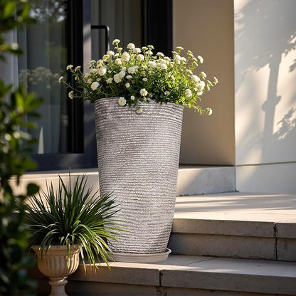QCQHDU Set of 2 Oversized 9 Gallon Round Planters for Front Door & Patio - 12x21 Inch Tall Outdoor/Indoor Plant Pots with Drainage Tray, Gray Faux Stone Textured Tree Planters for Porch Decor