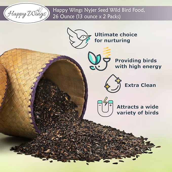 Happy Wings Nyjer/Thistle Seeds Wild Bird Food - (Pack of 2, 13 Ounce x 2) | Prefilled Sock | No Grow Seed | Bird Seeds for Wild Birds