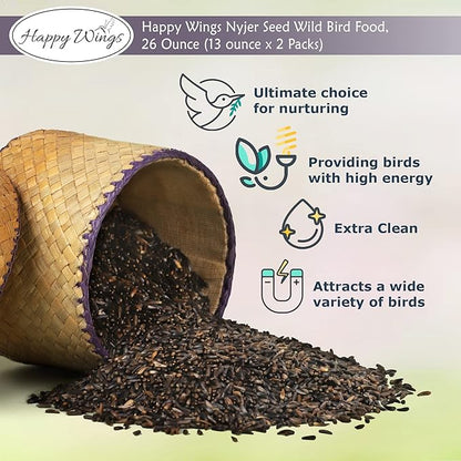 Happy Wings Nyjer/Thistle Seeds Wild Bird Food - (Pack of 2, 13 Ounce x 2) | Prefilled Sock | No Grow Seed | Bird Seeds for Wild Birds