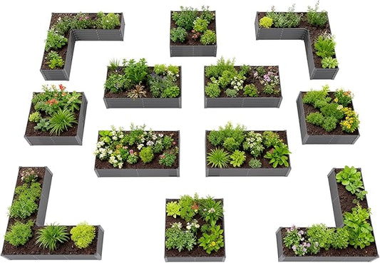 A ANLEOLIFE 12-Piece 18 Inch Tall Raised Garden Beds Kit, L-Shaped, Square & Rectangular Metal Planters for Flexible Backyard Layouts, Quartz Grey
