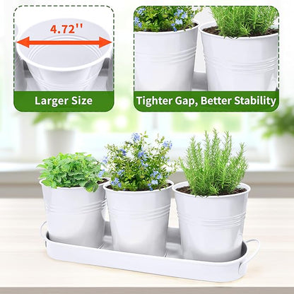 Metal Herb Garden Planter Set with Tray, 3-Pack White Zinc-Coated Windowsill Plant Pots with Drainage Holes & Handles for Indoor Outdoor Kitchen Garden