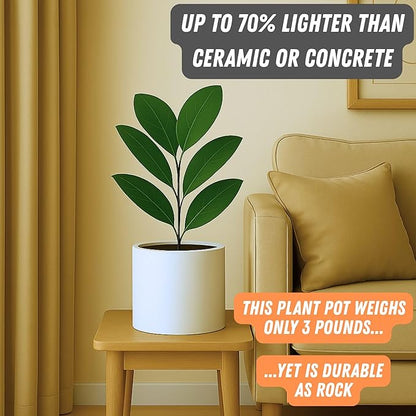 Fox & Fern 8 Inch Plant Pot with Drainage Plug — Premium Lightweight Fiberstone Matte White Planter - Indoor & Outdoor Planter - 8 Inch Pots for Plants - Weather Resistant & UV Resistant