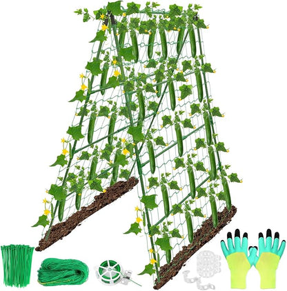 32 x 53 Inch Cucumber Trellis for Climbing Plants Outdoor A-Frame Garden Trellis for Raised Bed Detachable Sturdy Garden Plant Support Trellis for Small Plant Vegetable Flower Grape with Climbing Net