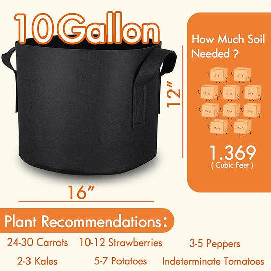 Gardzen 10 Gallon Grow Bags with Waterproof Liner, 500G Thick Nonwoven Fabric Pots, Cuts Watering by 50% in Hot Dry Climates, for Patio Balcony Use (6-Pack)