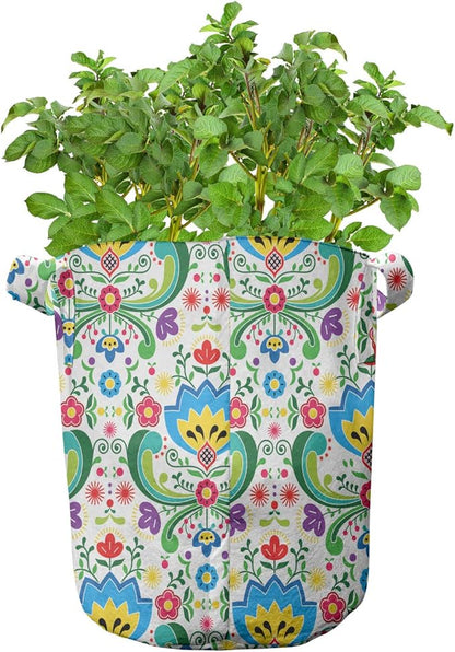 Ambesonne Norwegian Grow Bags 5-Pack, Folk Art Colorful Hues, Heavyduty Fabric Pots with Handles for Plants, Aqua Green