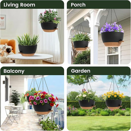 2 Pack 12 Hanging Flower Pots with Chains Self Watering Plastic Planters for Indoor Outdoor Plants, Sturdy Triangular Iron Chain Design for Garden PorchPlastic hanging flower pots(2, Black Brown)