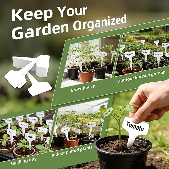 100 Pcs 4" Plant Labels with Marker Pen, Waterproof T-Type Garden Tags for Seeds, Flowers, Vegetable Seedlings, Plastic Nursery Markers for Outdoor & Indoor Gardening Organization