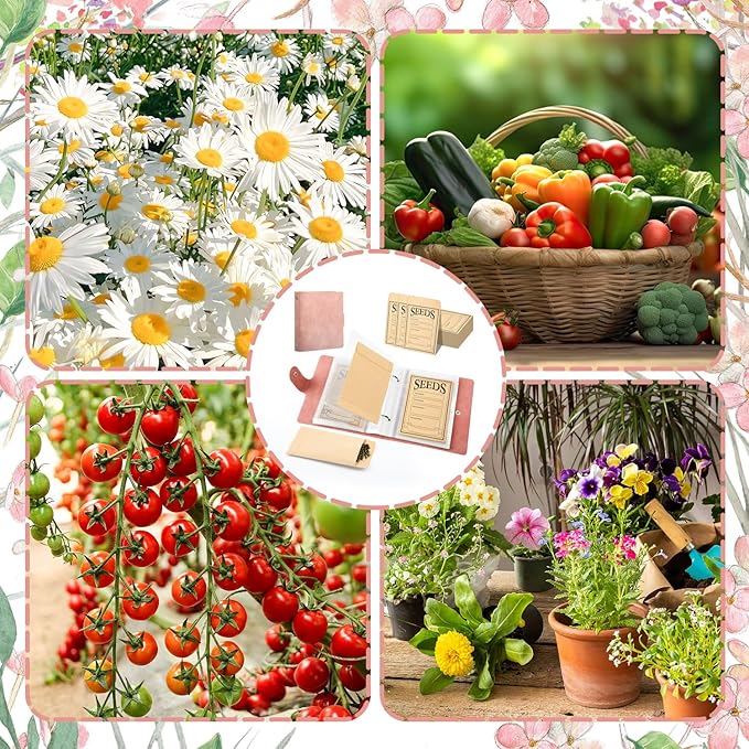 Seed Storage Organizer Binder, Leather Seed Sleeves Binder with 50 Pack Seed Envelopes, Garden Seeds Storage Organizer, Vegetable Seed Saver, Flower Seed Keeper, Pink, 3.1 x 4.7 Inch Seed Envelopes