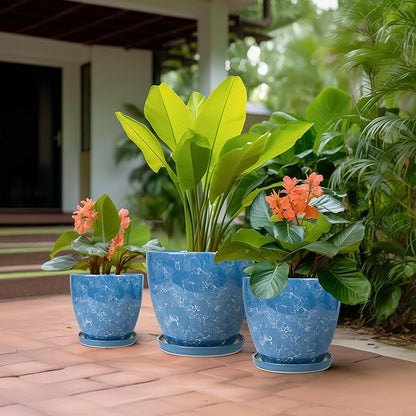 Ceramic Flower Pots - 10 Inch 8 Inch 6 Inch Plant Pots with Drainage Holes and Plant Saucers, Round Modren Planters for Indoor Outdoor, Garden Decor, Gifts for Plant Lovers, Set of 3, Blue
