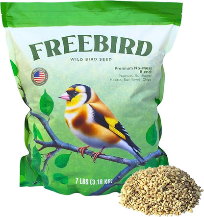 Premium No Mess Bird Seed by Freebird - Peanut Pieces, Sunflower Hearts, Sunflower Chips - 100% Waste Free Bird Food for Finches and Small Songbirds - 7lb Bag