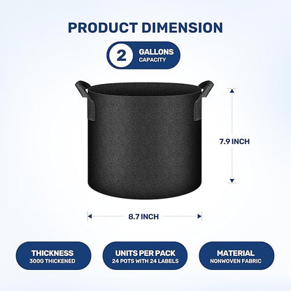 Simple Deluxe Breathable Plant Pots 24Pack 2 Gallon - 300g Nonwoven Fabric with Air-Pruning Roots, Foldable Garden Pots with Sturdy Handles for Transplanting & Indoor/Outdoor Plants, Black
