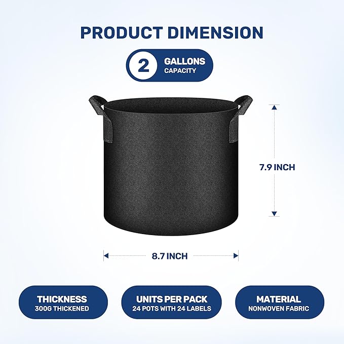 YSSOA Grow Bags 24 Pack 2 Gallon 300G Reusable Breathable Gardening Pots with Handles Non-Woven Fabric Plant Bags, Heavy Duty Planting Bags for Grow Tent Hydroponic & Outdoor Vegetables Tomatoes