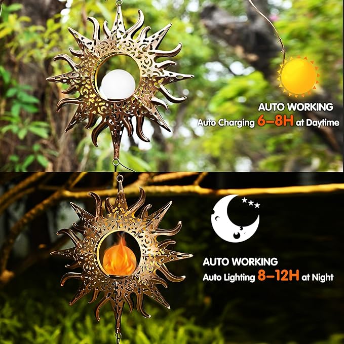 Solar Sun Wind Chimes Outdoor with Flame, Waterproof Wind Bells Light with Crackle Glass Ball for Outside, Clearance Unique Gifts for Mother's Day, Mom, Women, Girls, Yard, Garden, Party Decor