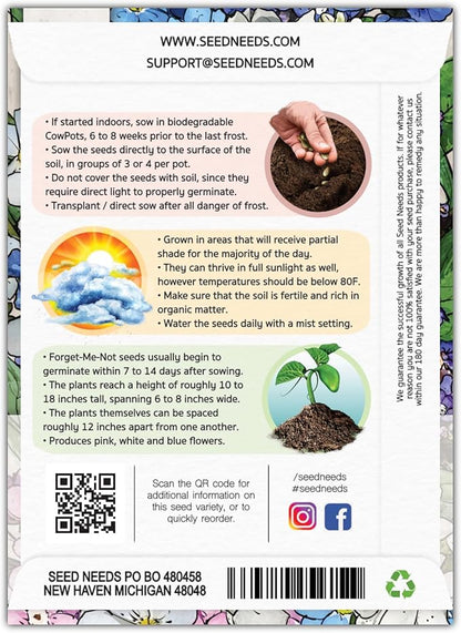 Seed Needs, Mixed Forget Me Not Seeds - 1,000 Heirloom Seeds for Planting Myosotis alpestris - Pink Blue & White Blooms, Open Pollinated & Pollinator Friendly (1 Pack)