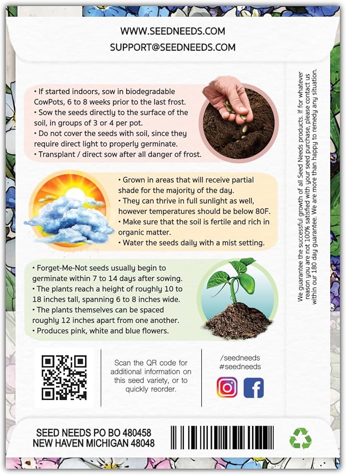 Seed Needs, Mixed Forget Me Not Seeds - 1,000 Heirloom Seeds for Planting Myosotis alpestris - Pink Blue & White Blooms, Open Pollinated & Pollinator Friendly (5 Packs)