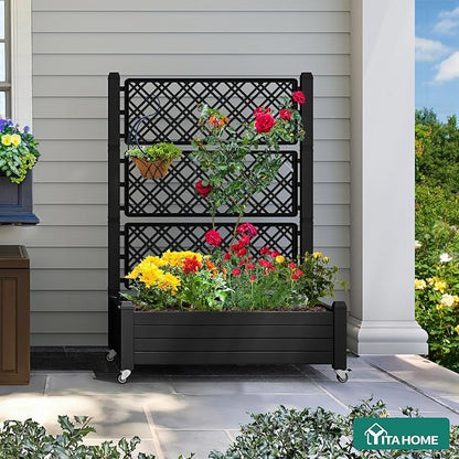 YITAHOME 3.6x1.5x5 FT Planter Box Trellis with Wheels, Large Outdoor Plastic Raised Garden Bed with Drain Plug for Climbing Plants, Black