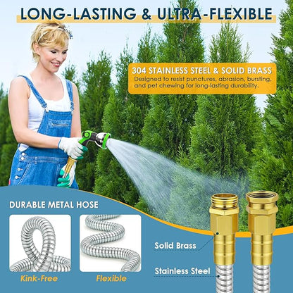 25 FT Stainless Steel Garden Hose with 10-Function Spray Nozzle, Kink-Free Flexible Metal Water Hose, Solid Brass 3/4'' Connectors, Heavy Duty, Durable, Leak-Proof, Lightweight, Tangle-Free