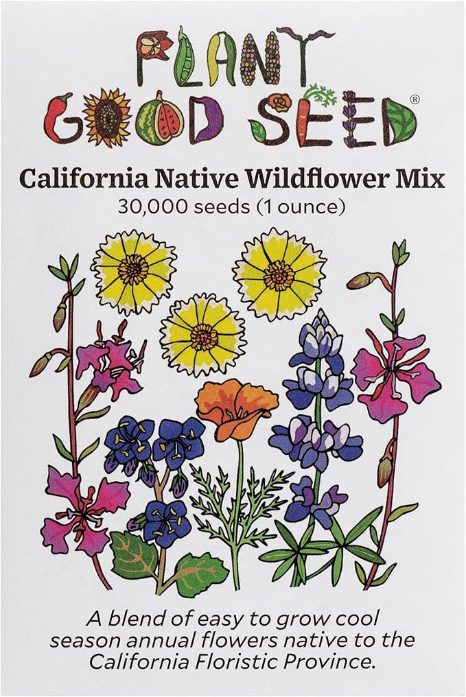 Plant Good Seed California Native Wildflower Mix Seeds for Planting: Easy to Grow Annual Flowers, Poppy, Tidytips, Lupine, Clarkia, Phacelia - 30,000 Seed Packet