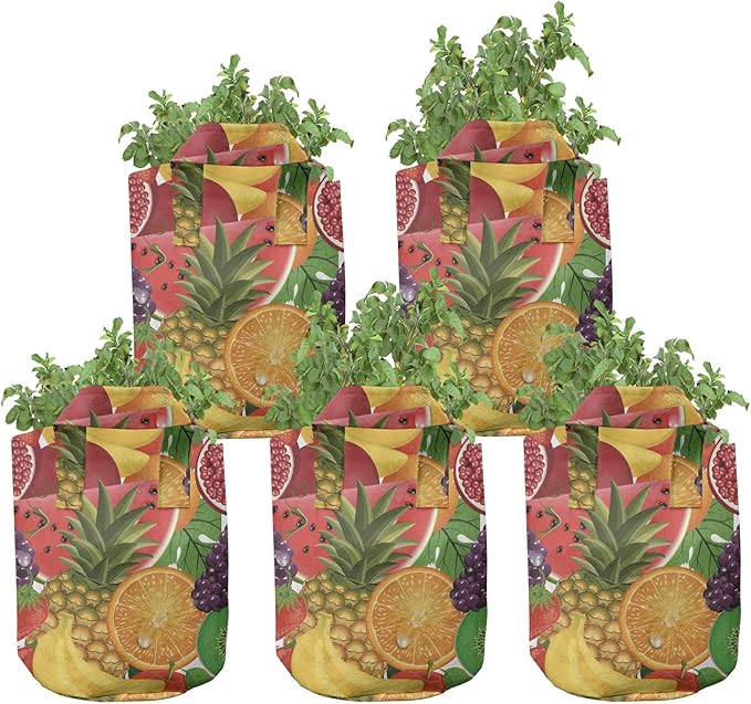 Ambesonne Butterfly Grow Bags 5-Pack, Watercolor Ethnic, Heavyduty Fabric Pots with Handles for Plants, Blue Yellow